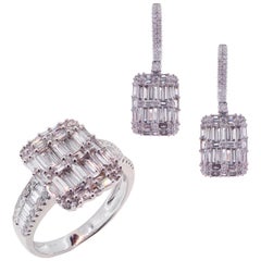 18 Karat White Gold Diamond Medium Square Baguette Dangling Earring Ring Set