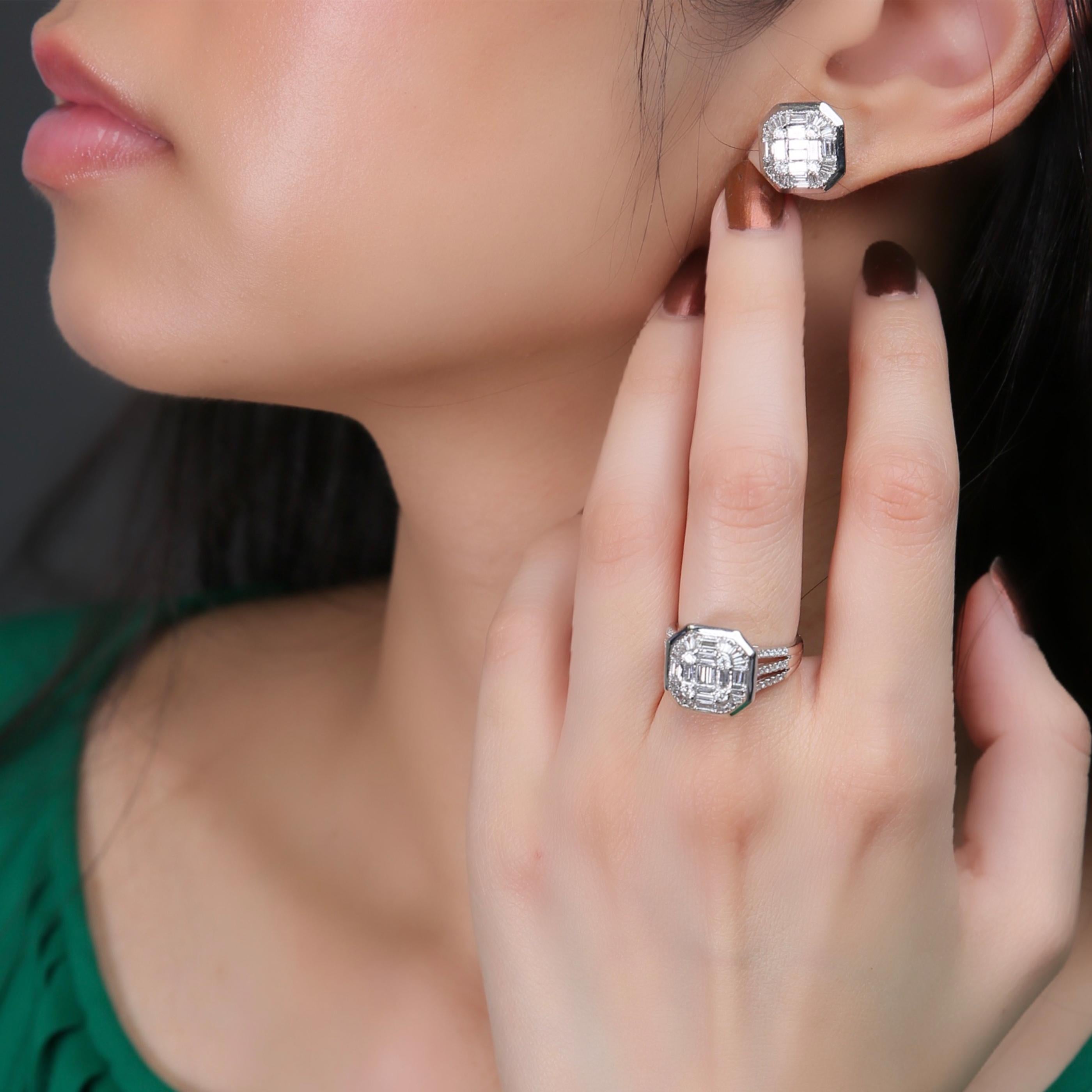 This small diamond earring and ring set is crafted in 18-karat white gold, weighing approximately 1.98 total carats of SI-V Quality white diamonds. The ring is comfortable and can be sized 