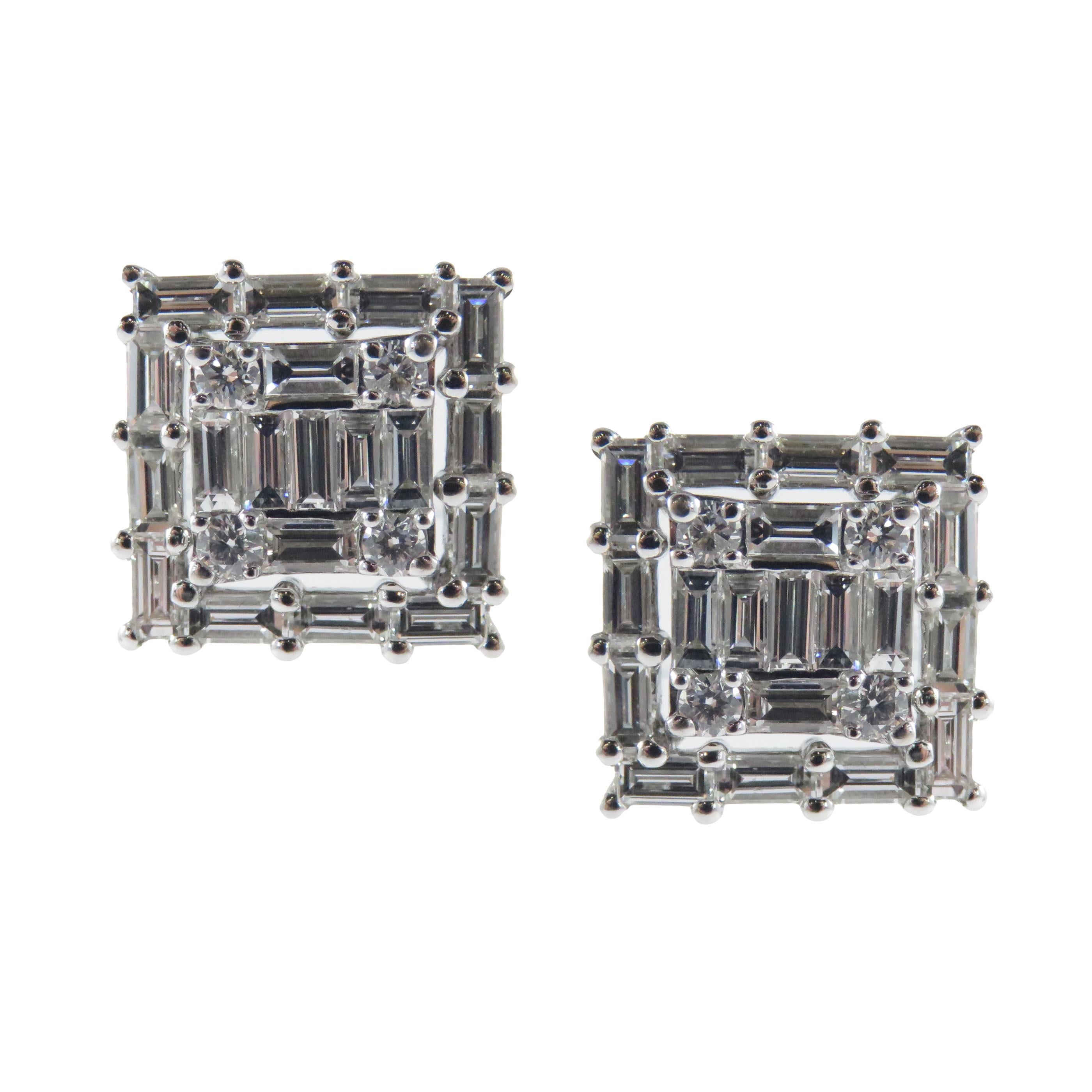 Baguette Cut 18 Karat White Gold Diamond Medium Square Baguette Earring Ring Set