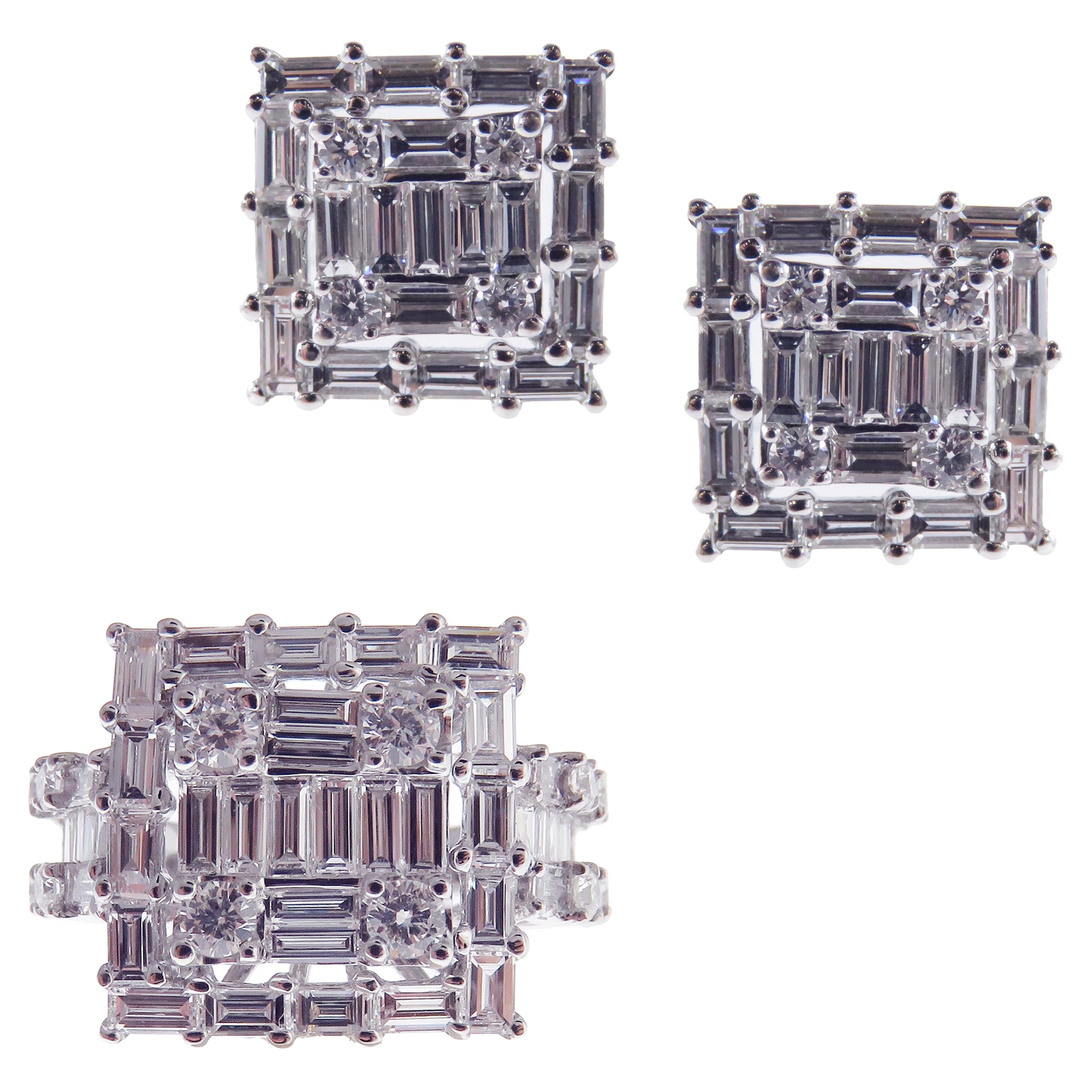 18 Karat White Gold Diamond Medium Square Baguette Earring Ring Set