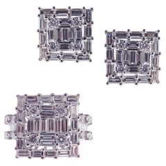 18 Karat White Gold Diamond Medium Square Baguette Earring Ring Set