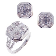 18 Karat Weißgold Diamant Medium Quadrat Baguette Ohrring Ring Set