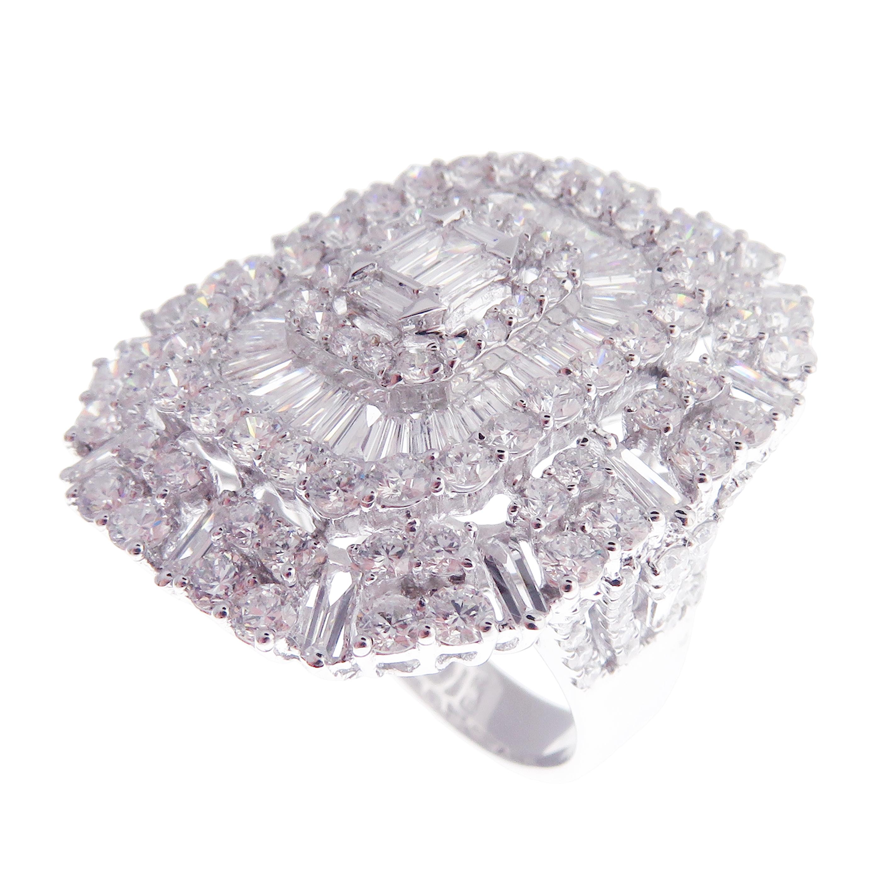 This baguette rectangular diamond ring is crafted in 18-karat white gold, weighing approximately 5.41 total carats of SI-V Quality white diamonds. Diamond embellishments on ring shank and a modern design brings out the beauty of the ring. This ring