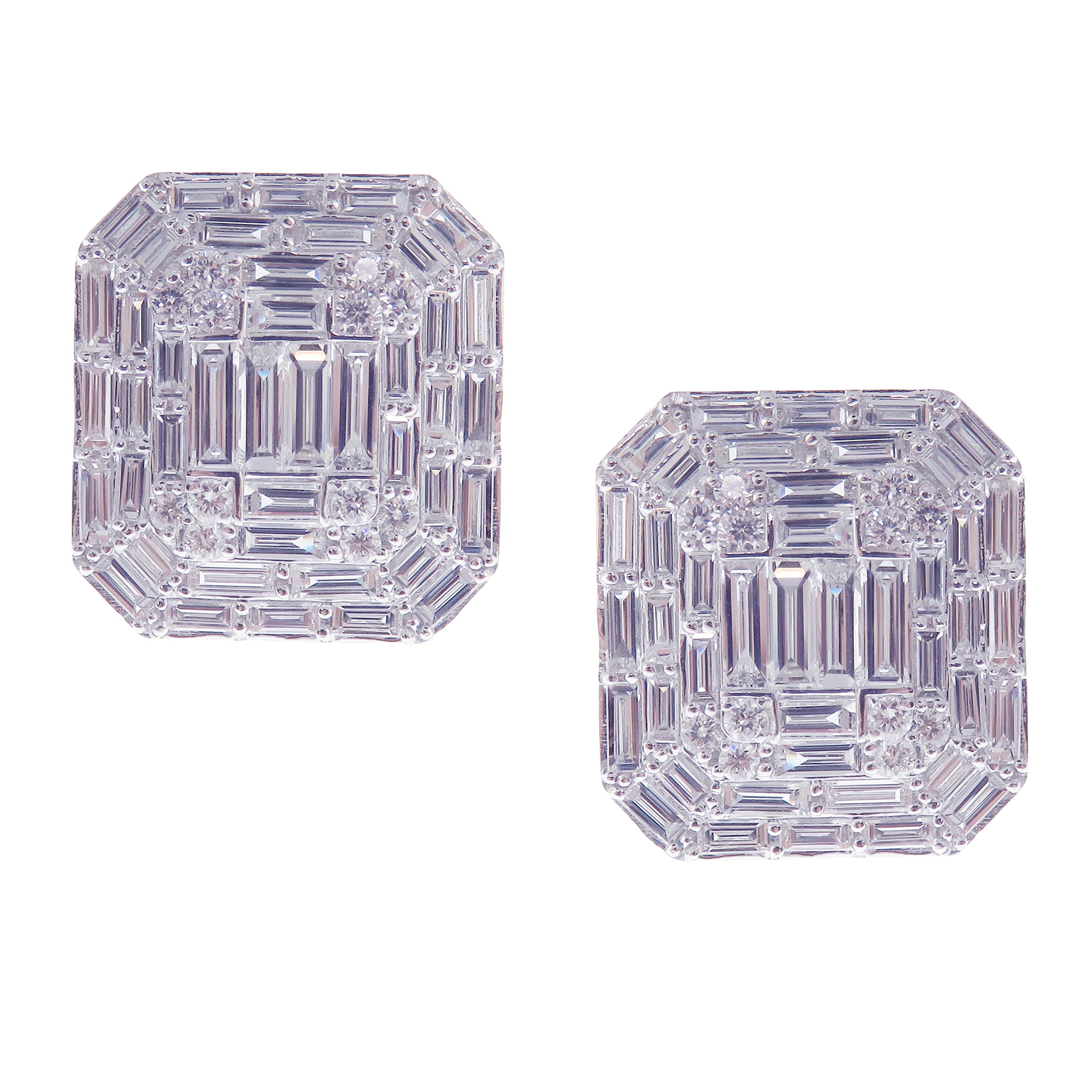 Baguette Cut 18 Karat White Gold Diamond Medium Square Solid Baguette Earring Ring Set