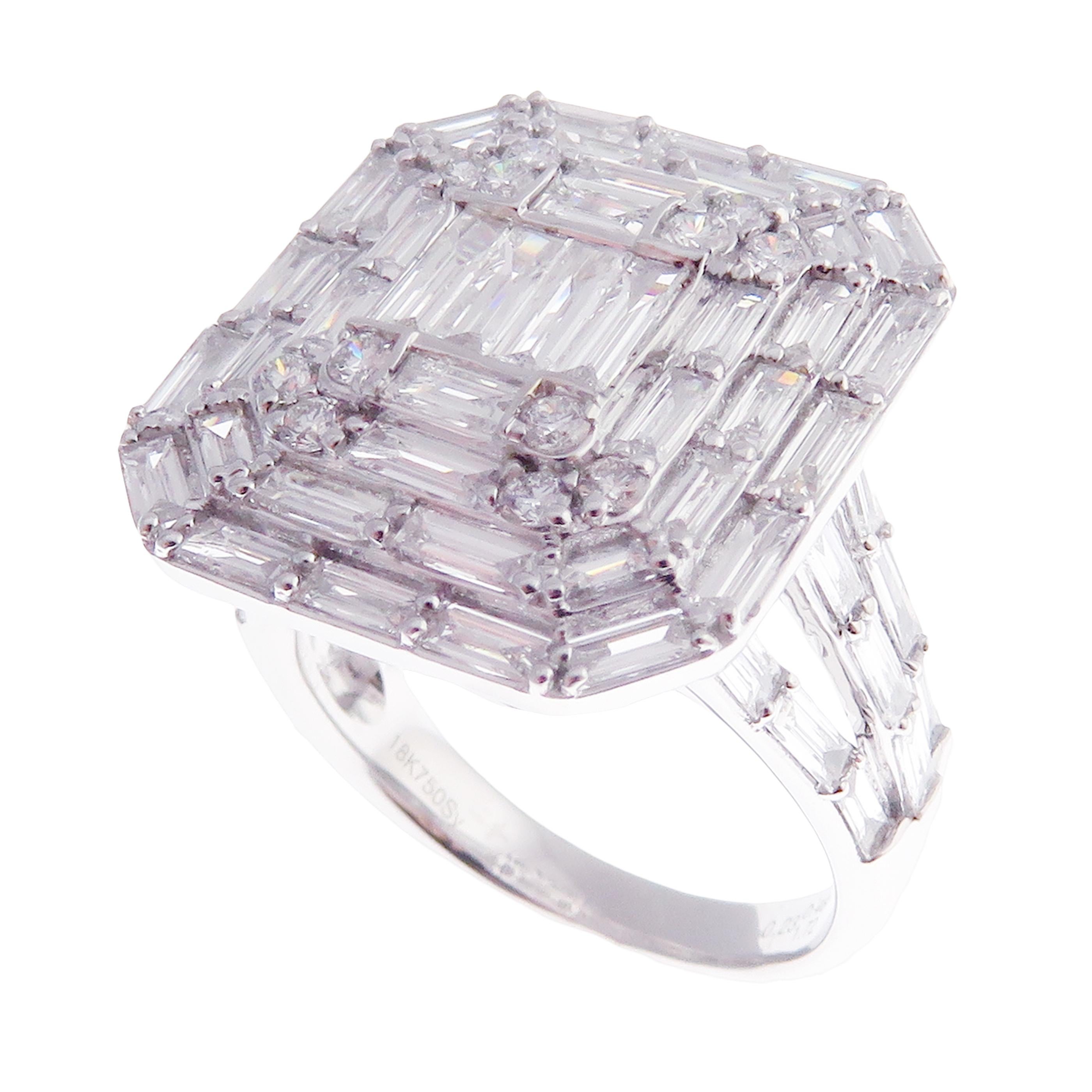 Women's or Men's 18 Karat White Gold Diamond Medium Square Solid Baguette Earring Ring Set
