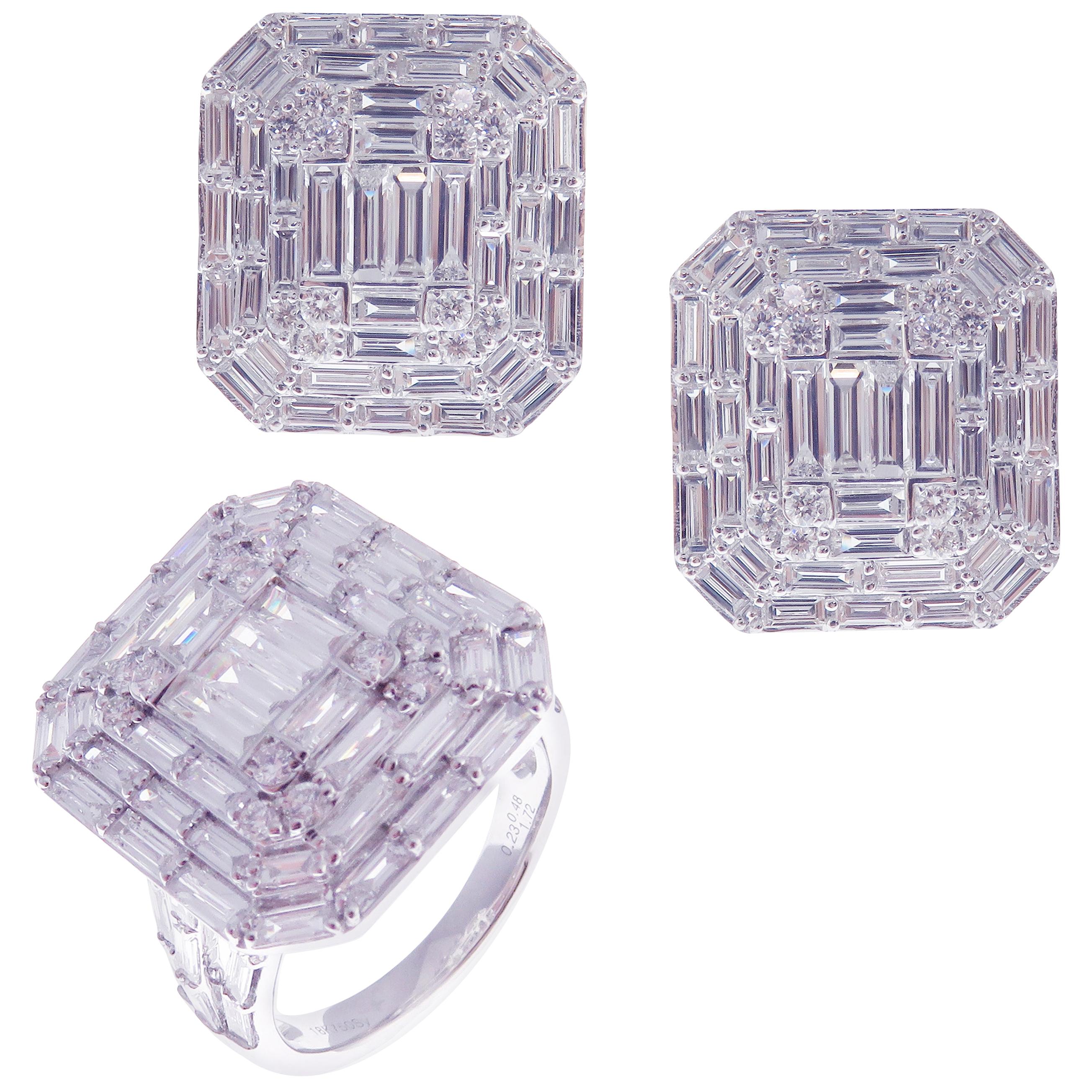 18 Karat White Gold Diamond Medium Square Solid Baguette Earring Ring Set
