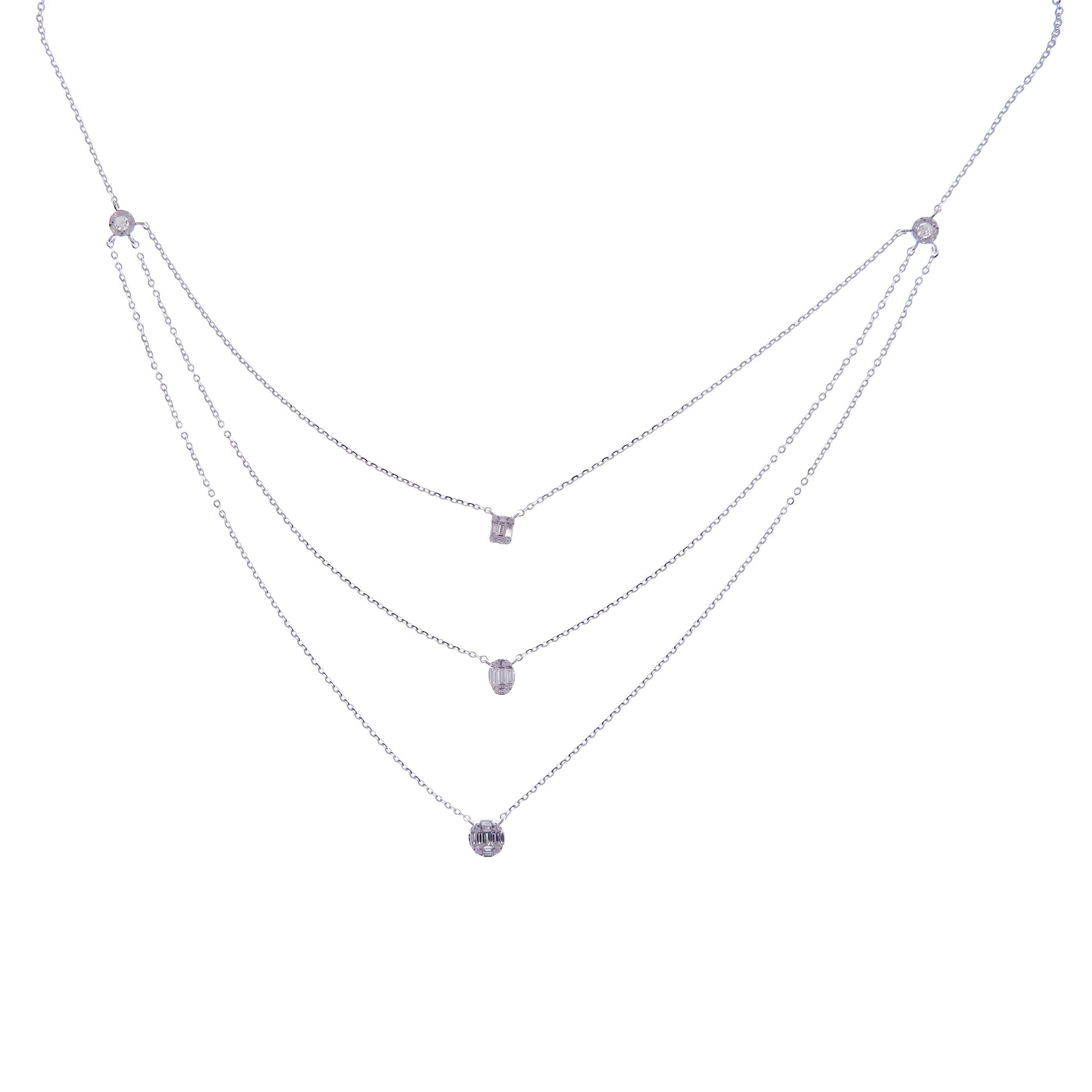 This diamond triple strand necklace is crafted in 18-karat white gold, weighing approximately 0.52 total carats of SI-V Quality white diamonds.

Necklace is 16