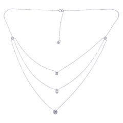 18 Karat White Gold Diamond Mix Shape Baguette Simple Triple Strand Necklace
