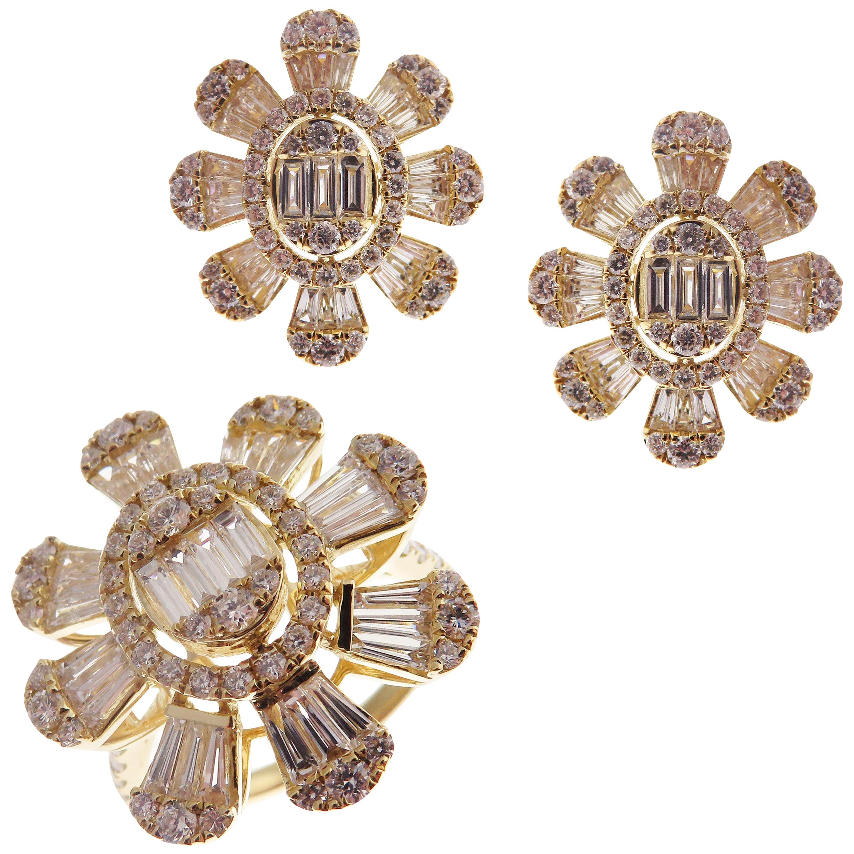 18 Karat Yellow Gold Diamond Small Baguette Huggy Earring Ring Set at ...