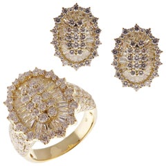 18 Karat White Gold Diamond Modern Oval Spikey Baguette Earring Ring Set