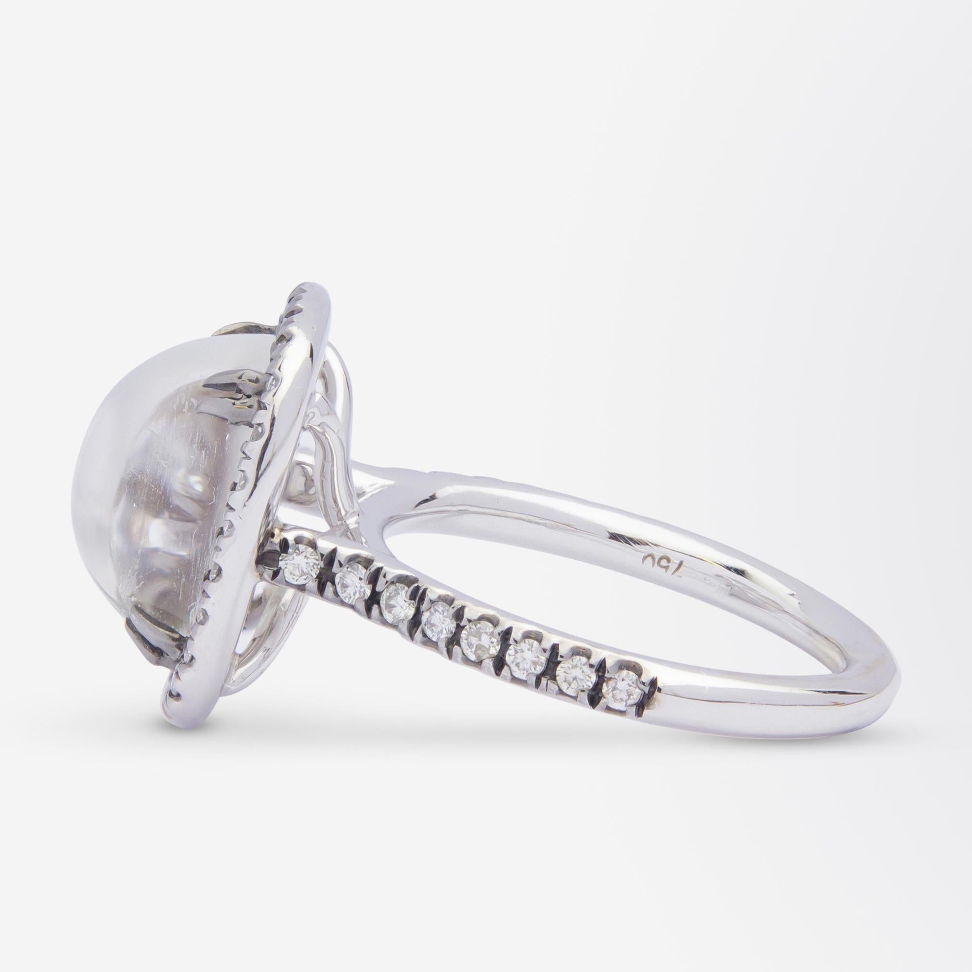 Modern 18 Karat White Gold, Diamond & Moonstone Ring For Sale