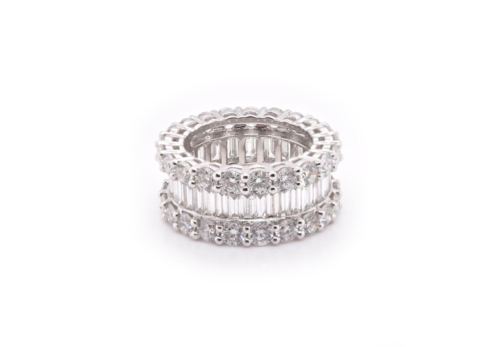 Designer: custom design
Material: 18k white gold
Diamonds:  42 round brilliant cut= 5.78cttw
Color: G
Clarity: VS
Diamonds: 40 baguette cut = 2.77cttw
Color: G 
Clarity: VS
Size: 6.5 please allow two additional shipping days for sizing