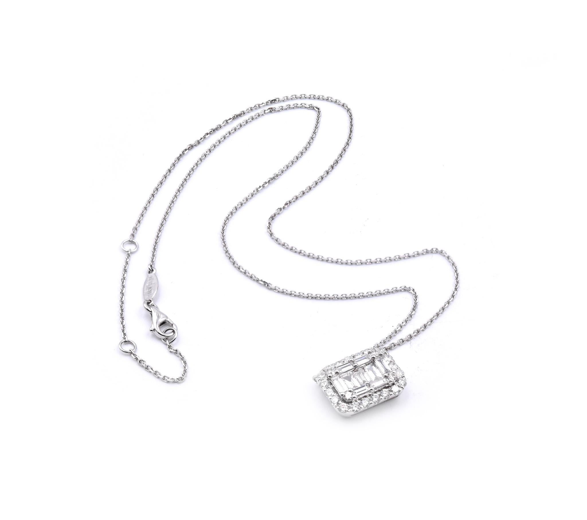 Designer: Custom
Material: 18K white gold
Diamonds: 34 round & baguette cuts = 1.32cttw
Color: G
Clarity: VS
Dimensions: necklace is adjustable from 18 to 16-inches in length
Weight: 5.00 grams
