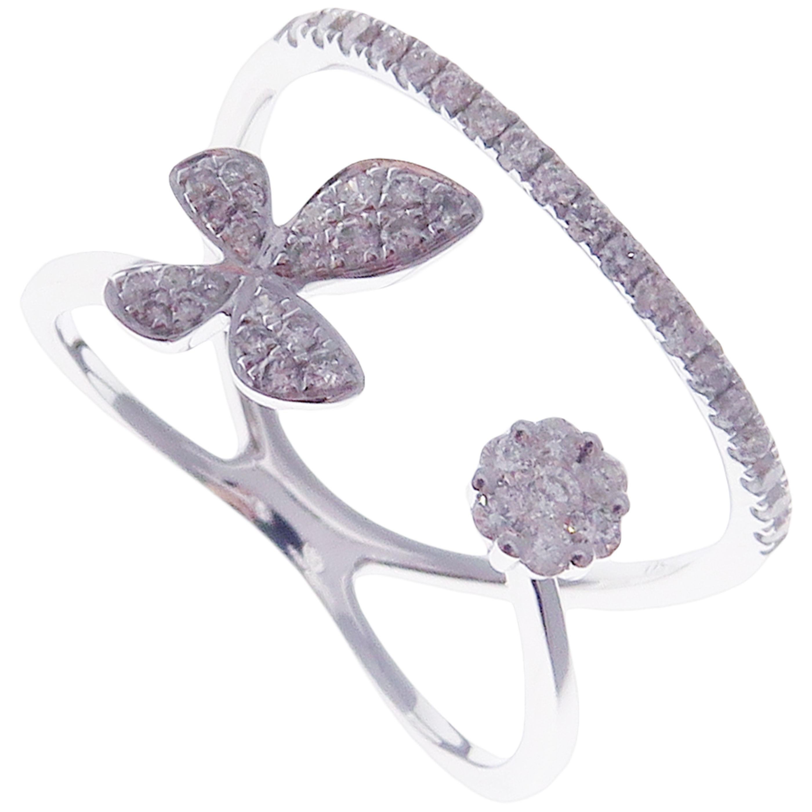 Round Cut 18 Karat White Gold Diamond Multi-Layer Butterfly Open Ring For Sale