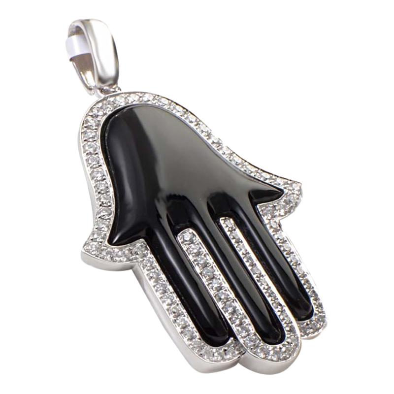 18 Karat White Gold Diamond Onyx Hamsa Pendant