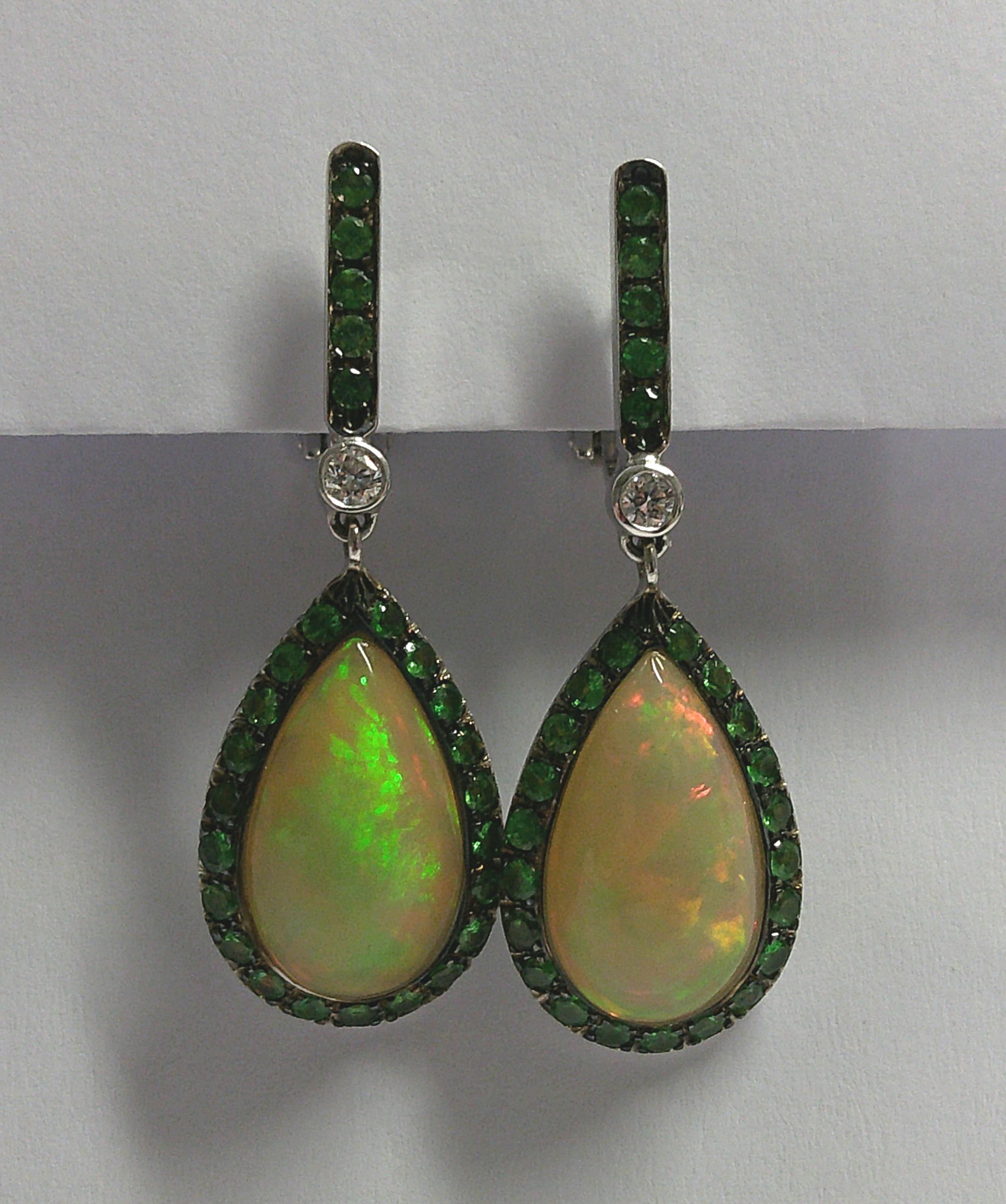 Pear Cut 18 Karat White Gold Diamond , Opal and Tsavorite  Dangle Earrings For Sale