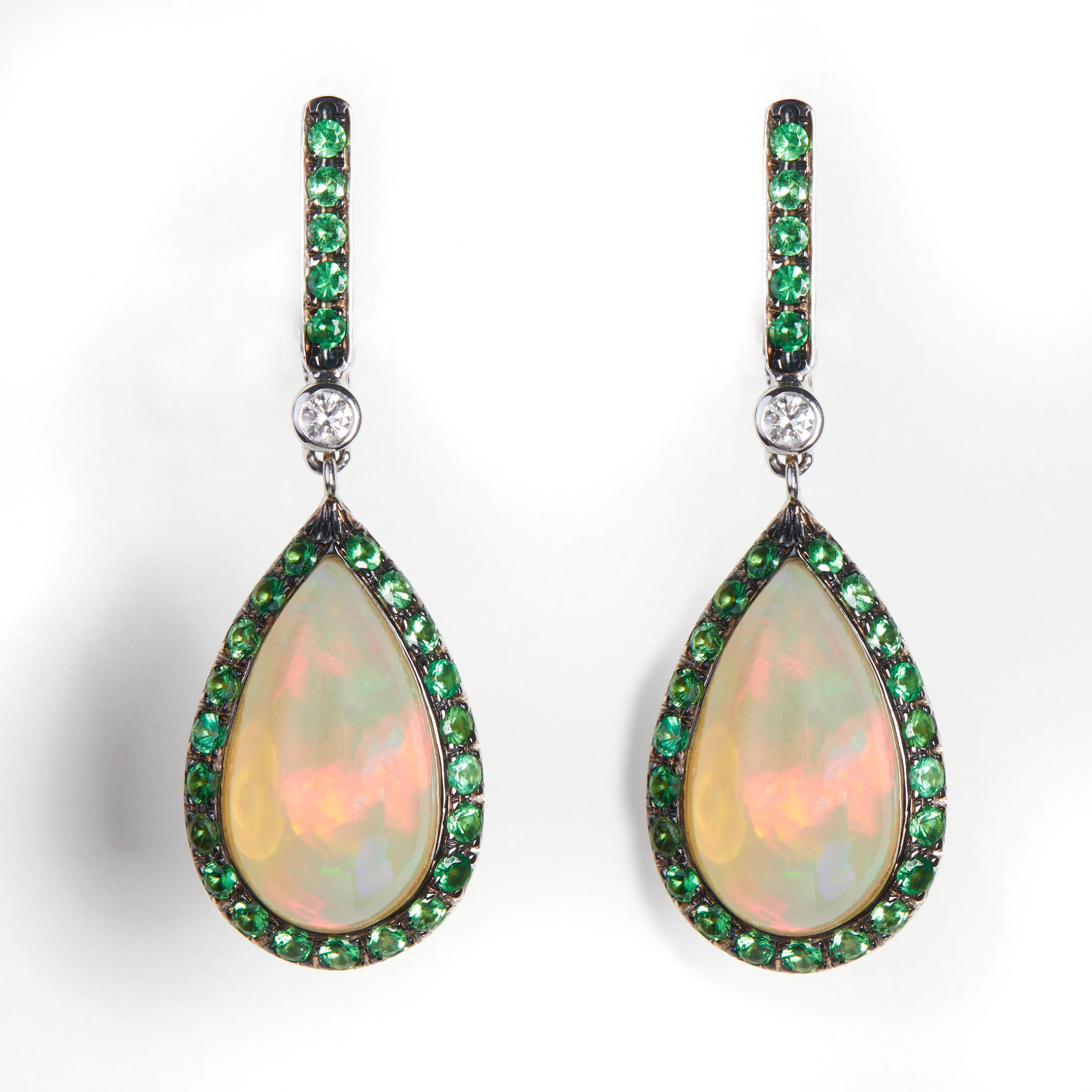 Women's 18 Karat White Gold Diamond , Opal and Tsavorite  Dangle Earrings For Sale