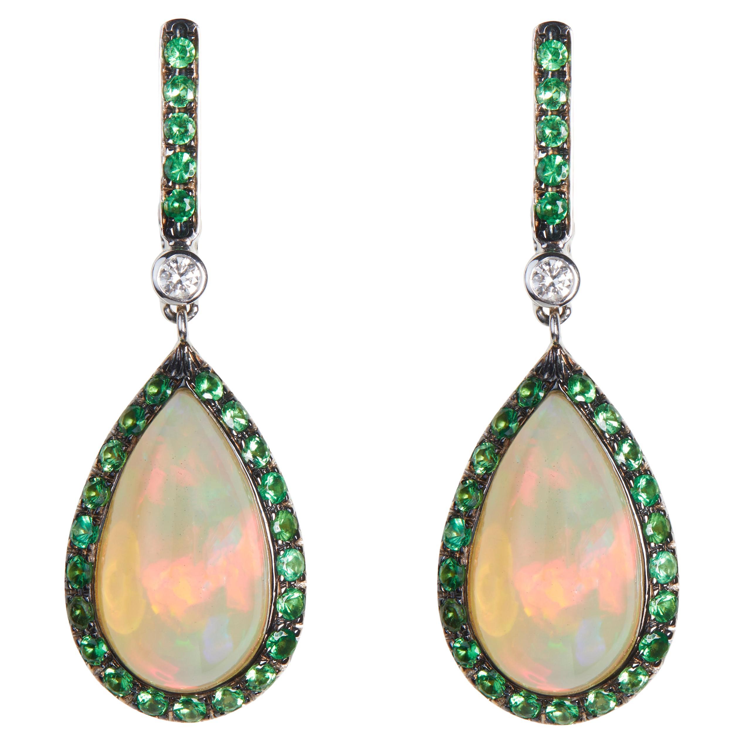 18 Karat White Gold Diamond , Opal and Tsavorite  Dangle Earrings For Sale
