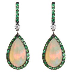 18 Karat White Gold Diamond , Opal and Tsavorite  Dangle Earrings