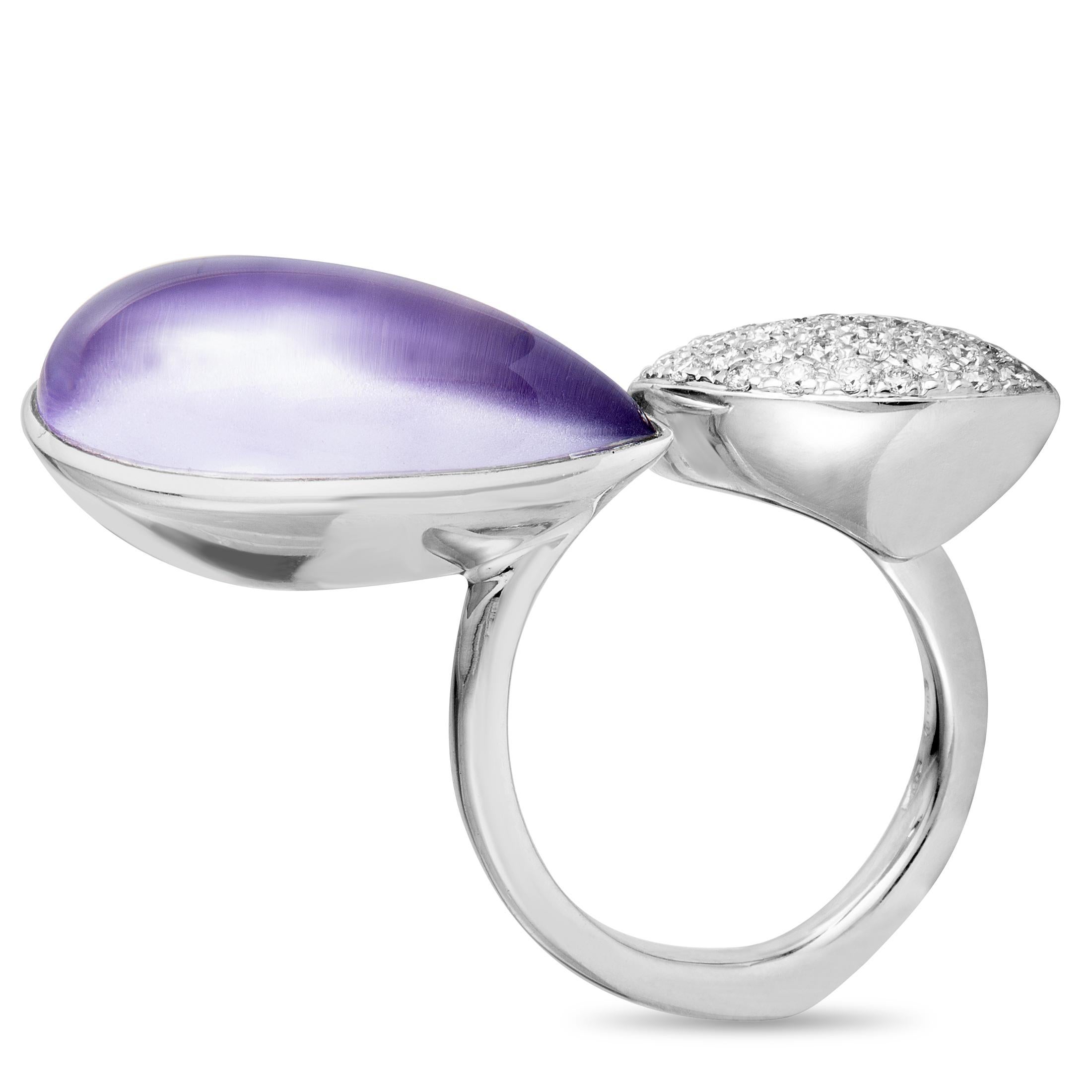 A sublime vision of refined elegance, this gorgeous ring will add a stylish touch to any ensemble of yours. The ring is splendidly made of 18K white gold and it is decorated with an exquisite amethyst and with sparkling diamonds that weigh 0.40