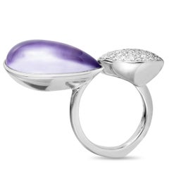 18 Karat White Gold Diamond Pave and Amethyst Cabochon Open Ring