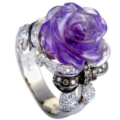 18 Karat White Gold Diamond Pave and Carved Amethyst Rose Ring