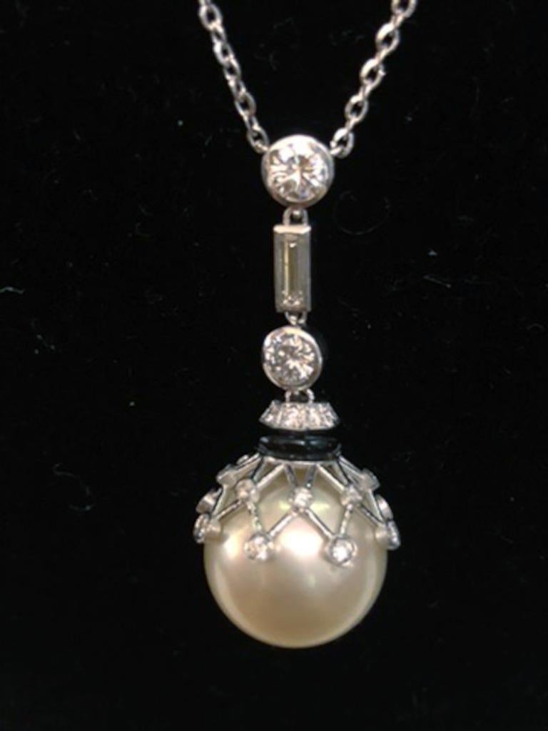 Women's 18 Karat White Gold Diamond Pearl and Onyx Pendant For Sale