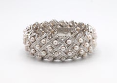 18 Karat White Gold Diamond and Pearl Woven Bracelet