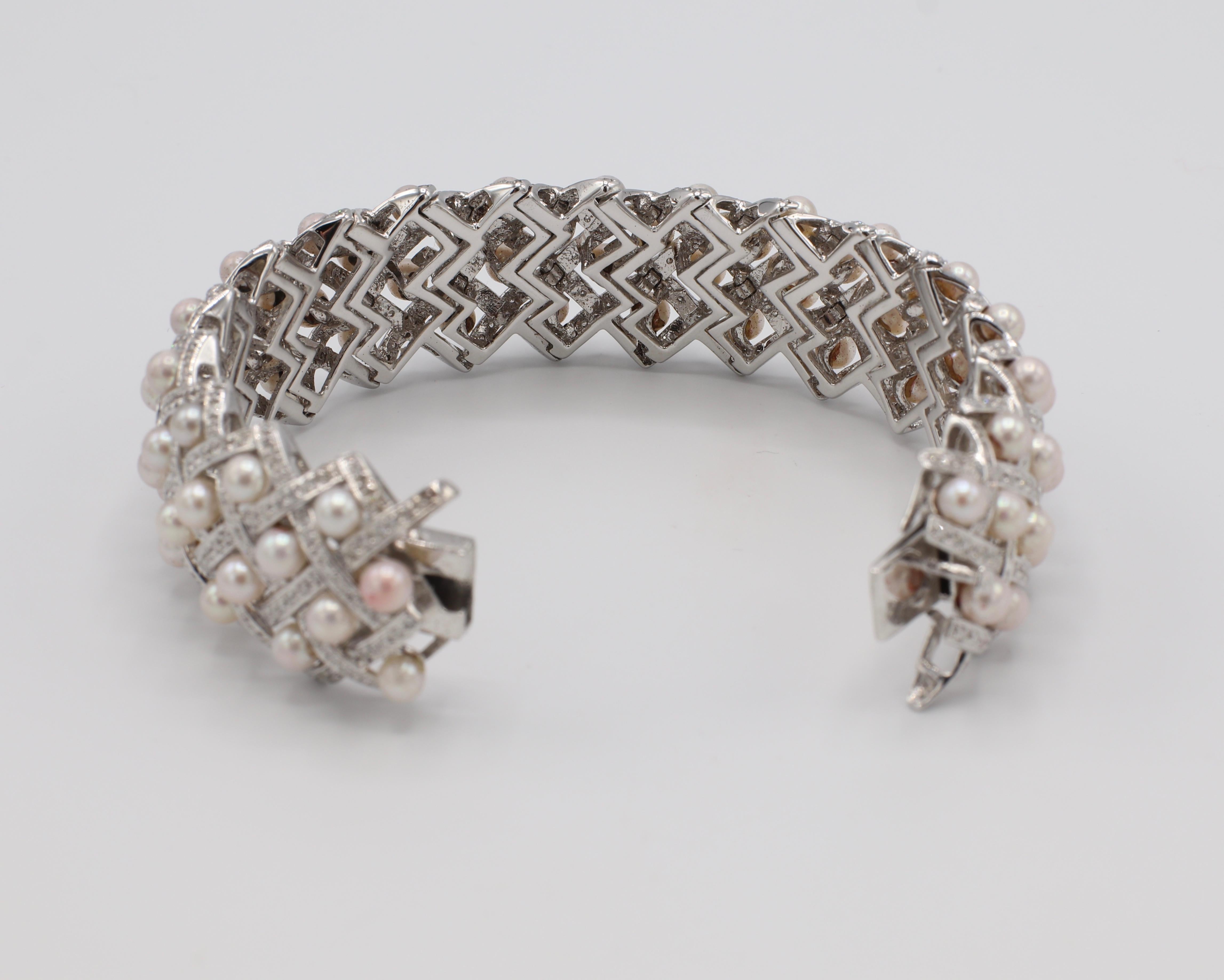 Modern 18 Karat White Gold Diamond and Pearl Woven Bracelet