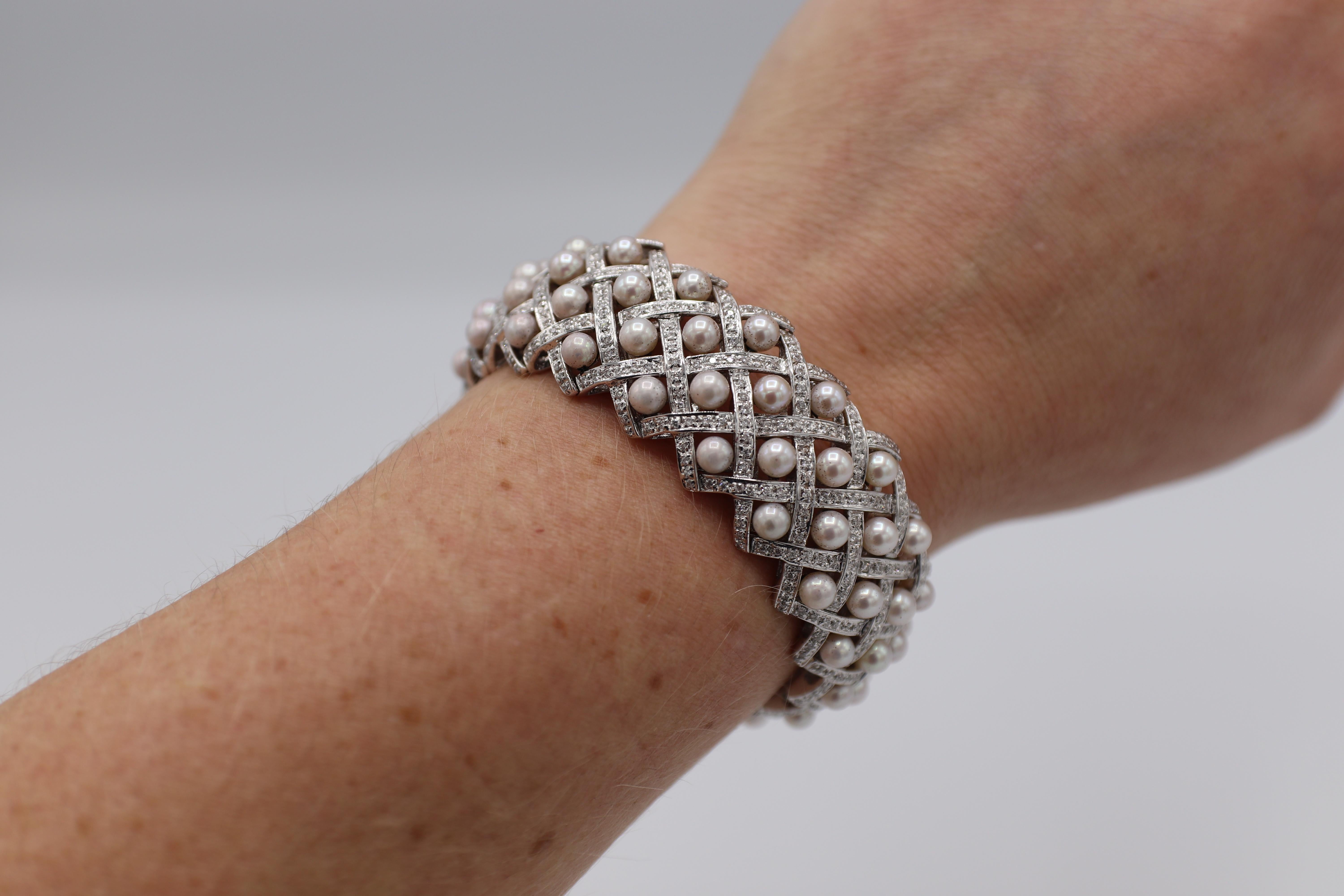 Women's or Men's 18 Karat White Gold Diamond and Pearl Woven Bracelet