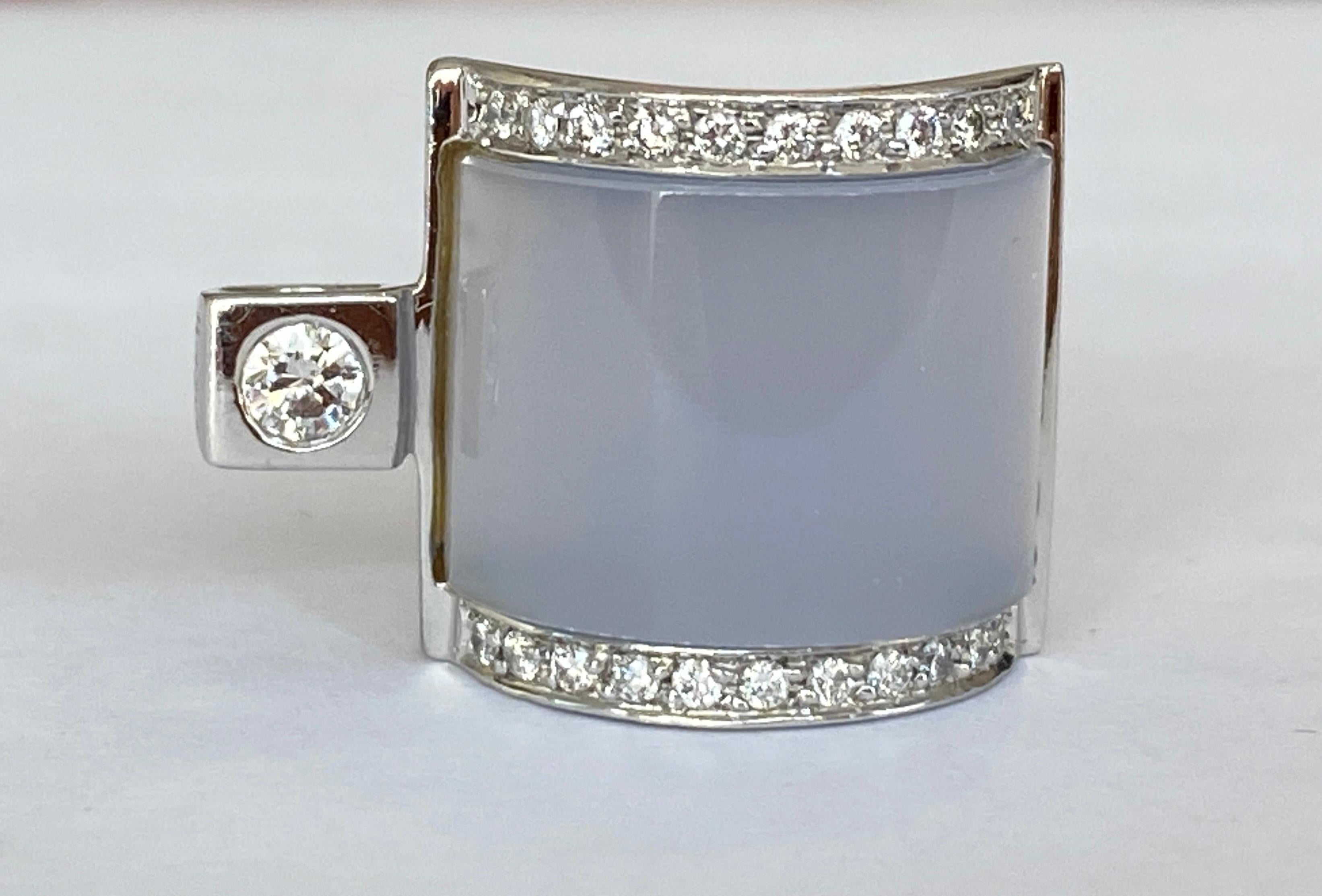 Women's or Men's 18 Karat White Gold Diamond Pendant and Chalcedony For Sale