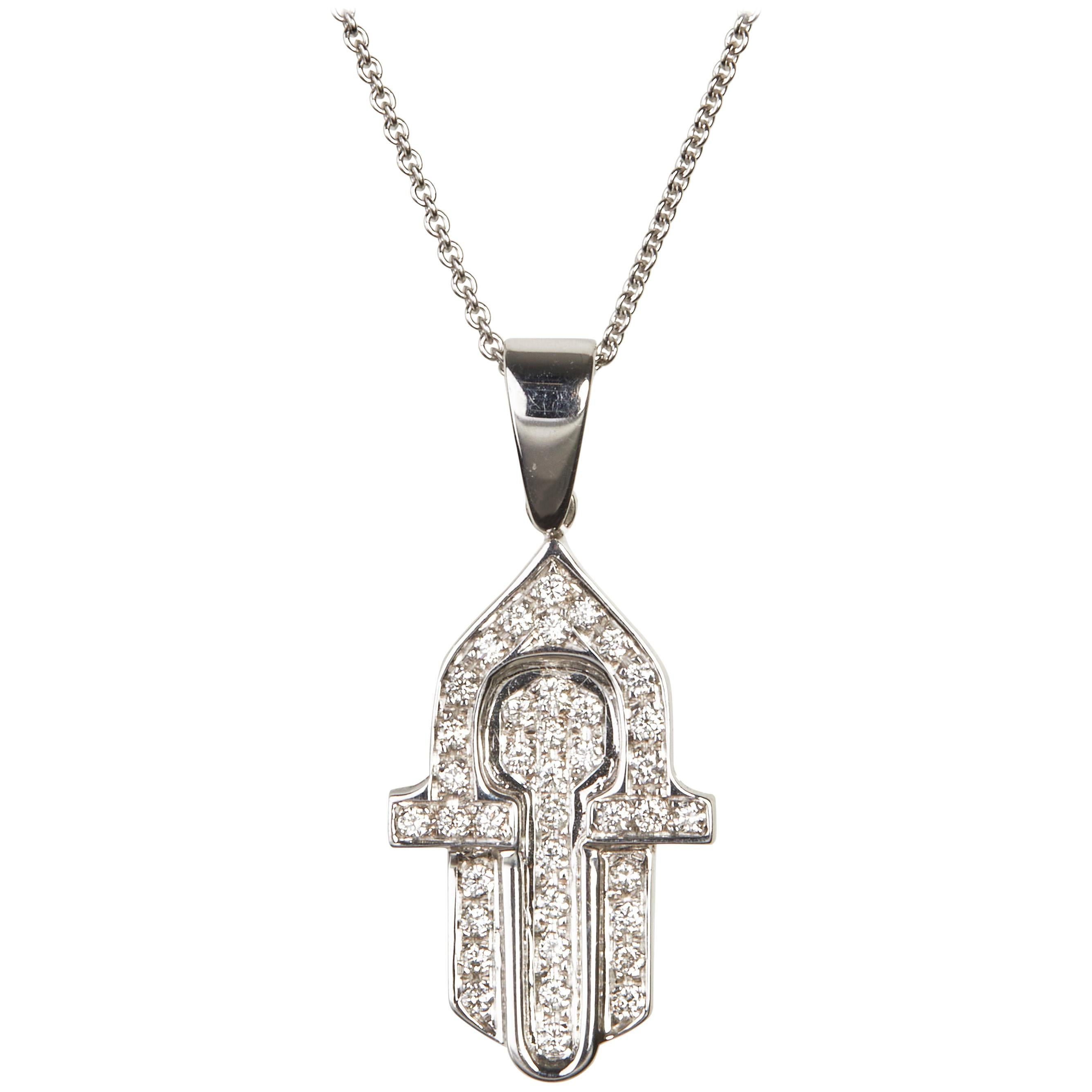 Pomellato 18 Karat White Gold Diamond Fish Hook Pendant Necklace at