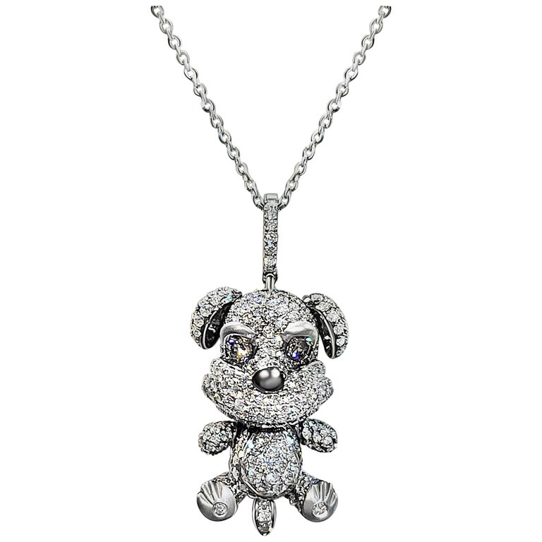 18k White Gold Diamond Dog With Chain