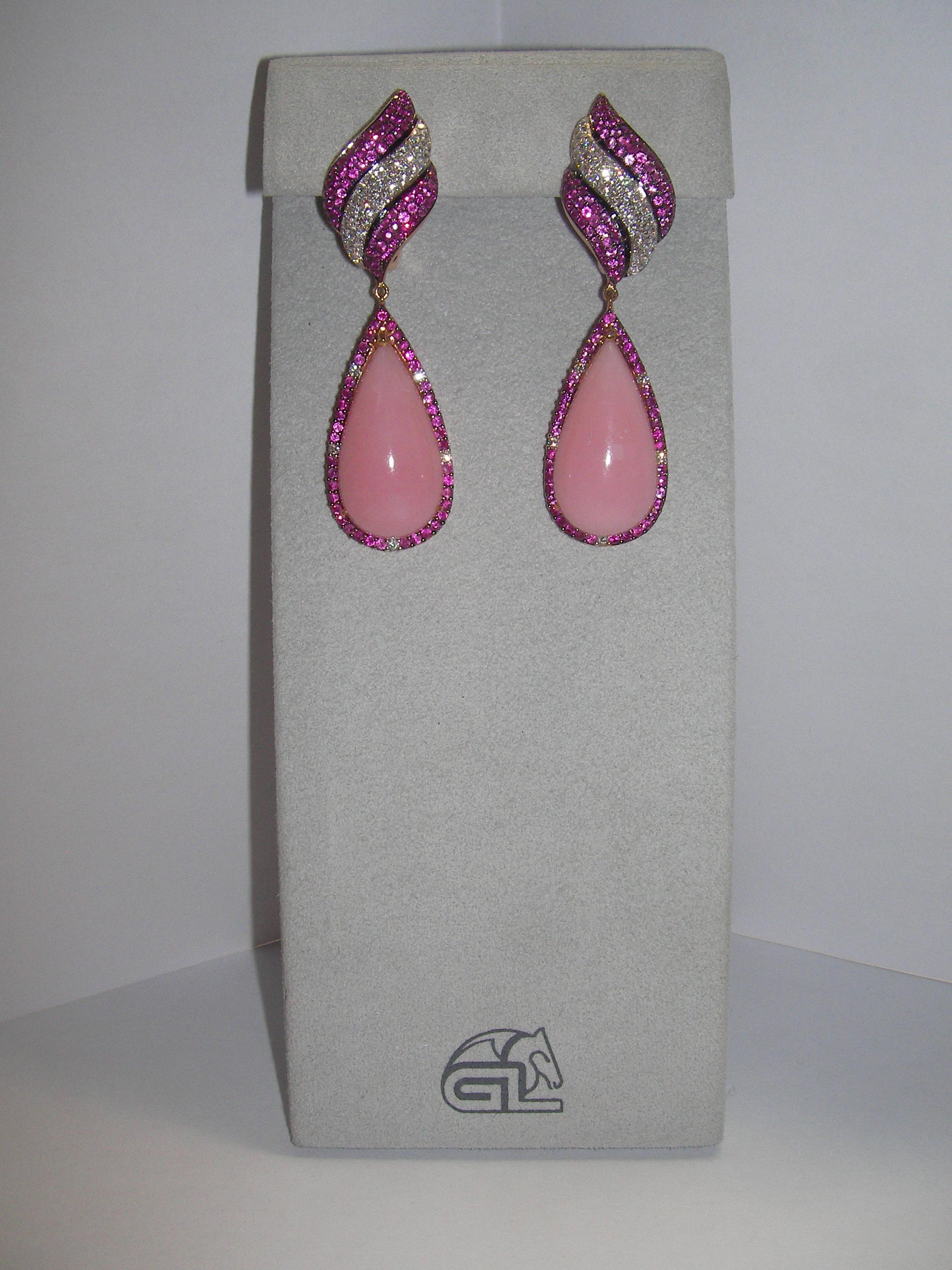 Contemporary 18 Karat White Gold Diamond Pink Sapphire and Rose Opal Dangle Earrings