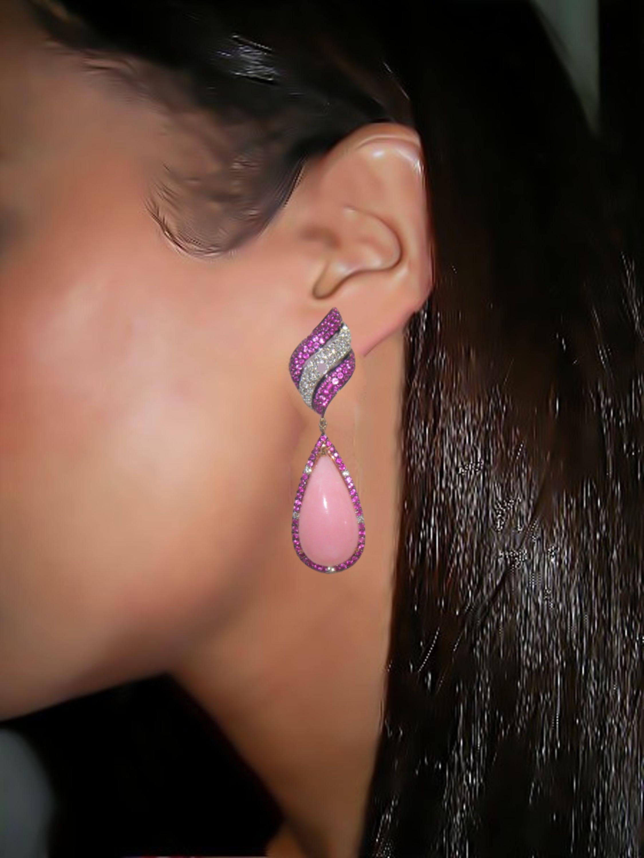 18 Karat White Gold Diamond Pink Sapphire and Rose Opal Dangle Earrings In New Condition In Duesseldorf, DE