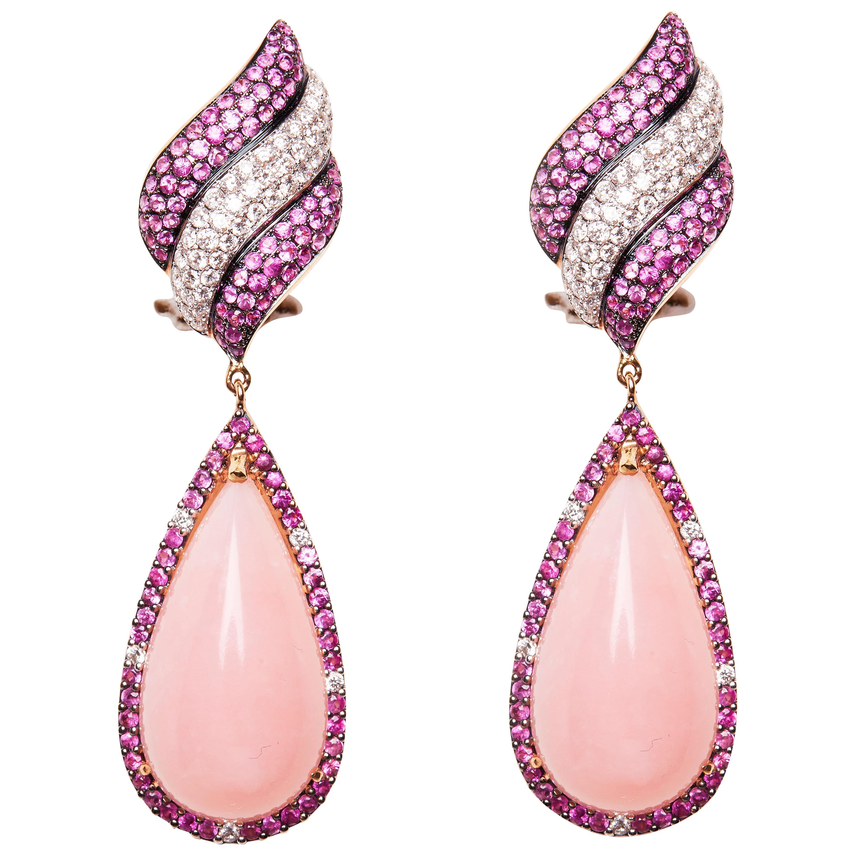 18 Karat White Gold Diamond Pink Sapphire and Rose Opal Dangle Earrings