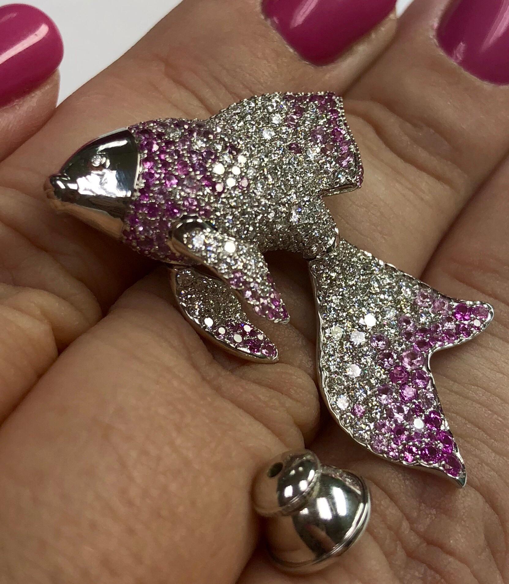 Diamond Pink Sapphire 18 Karat White Gold Golden Fish Brooch For Sale 2