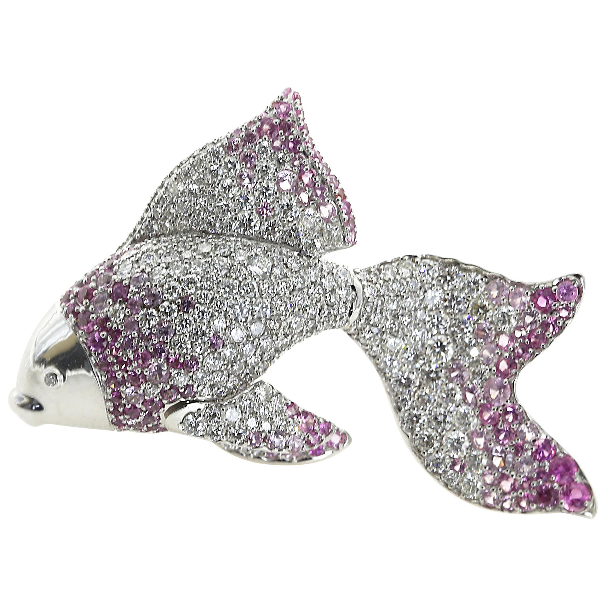 Diamond Pink Sapphire 18 Karat White Gold Golden Fish Brooch For Sale