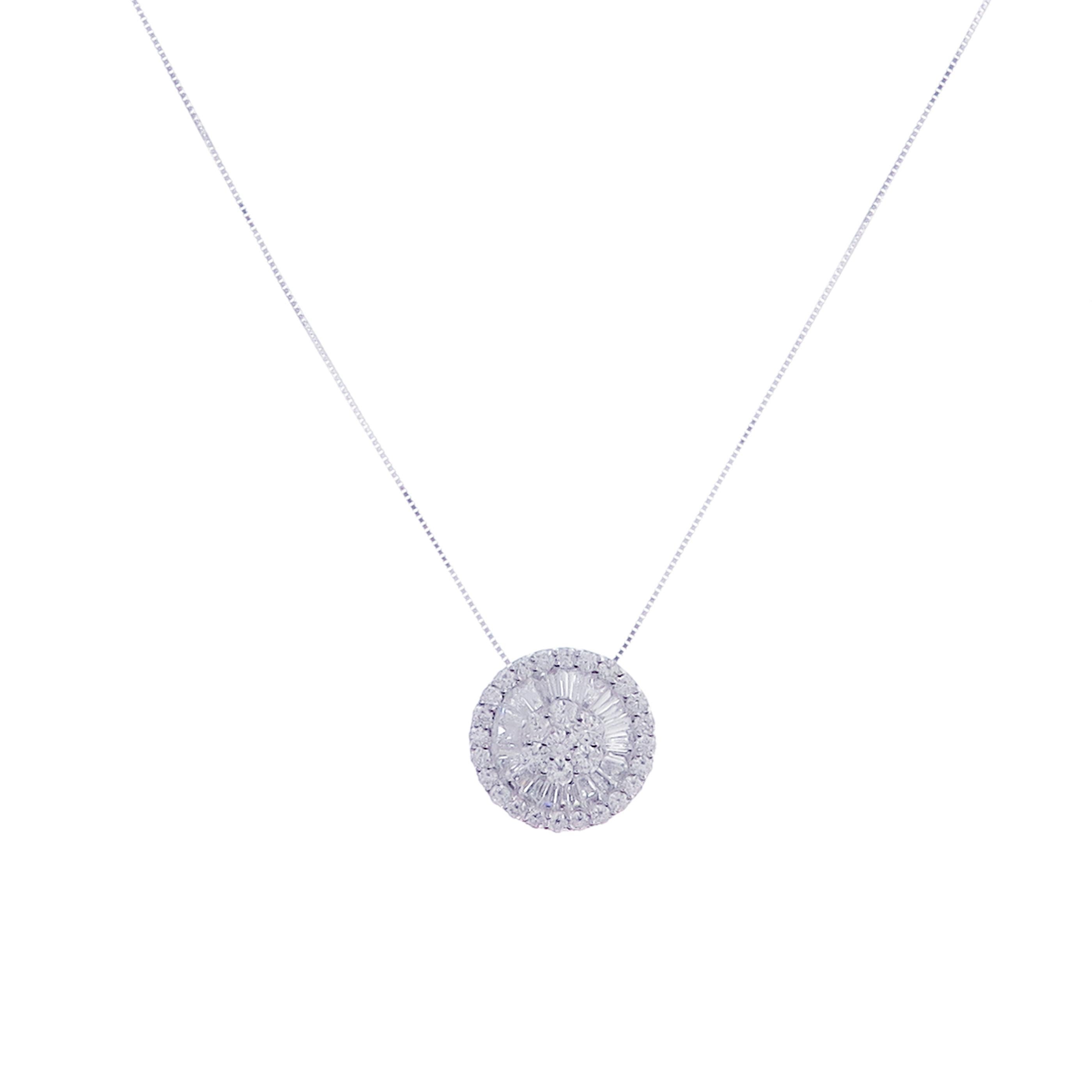 This pisa necklace is crafted in 18-karat white gold, weighing approximately 2.11 total carats of SI-V Quality white diamond. 

Necklace is 16