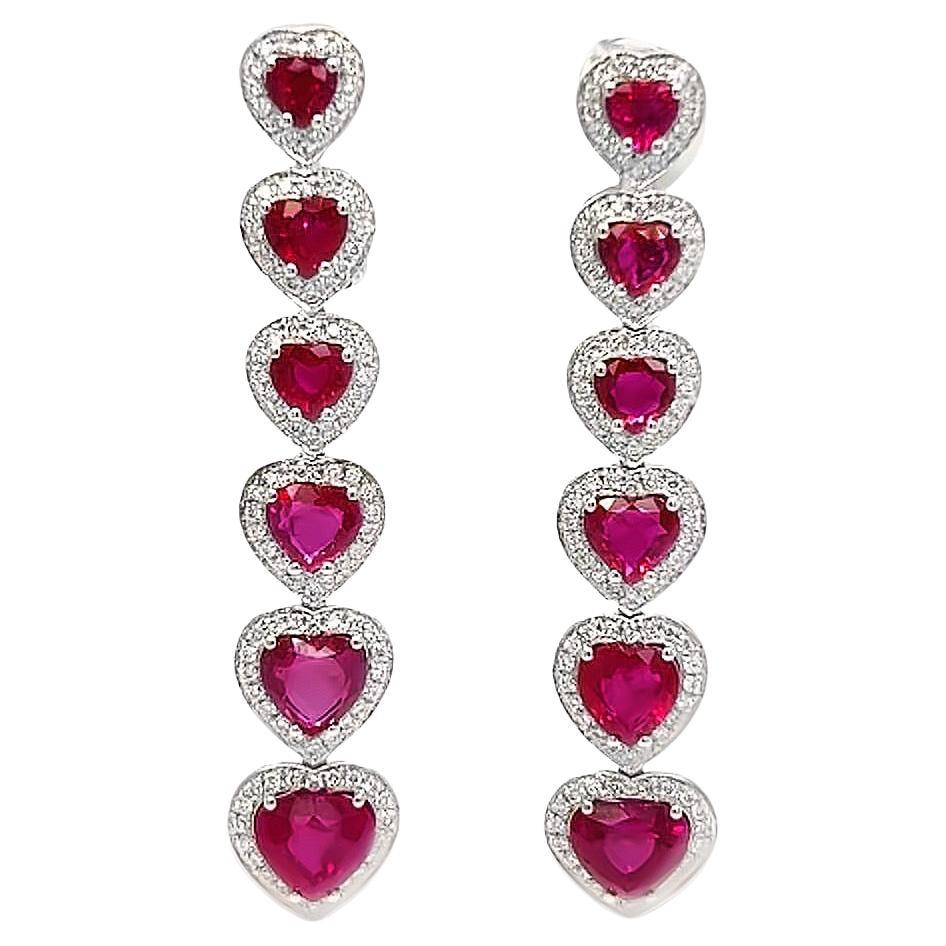 18 Karat White Gold Diamond Red Ruby Drop Earrings For Sale