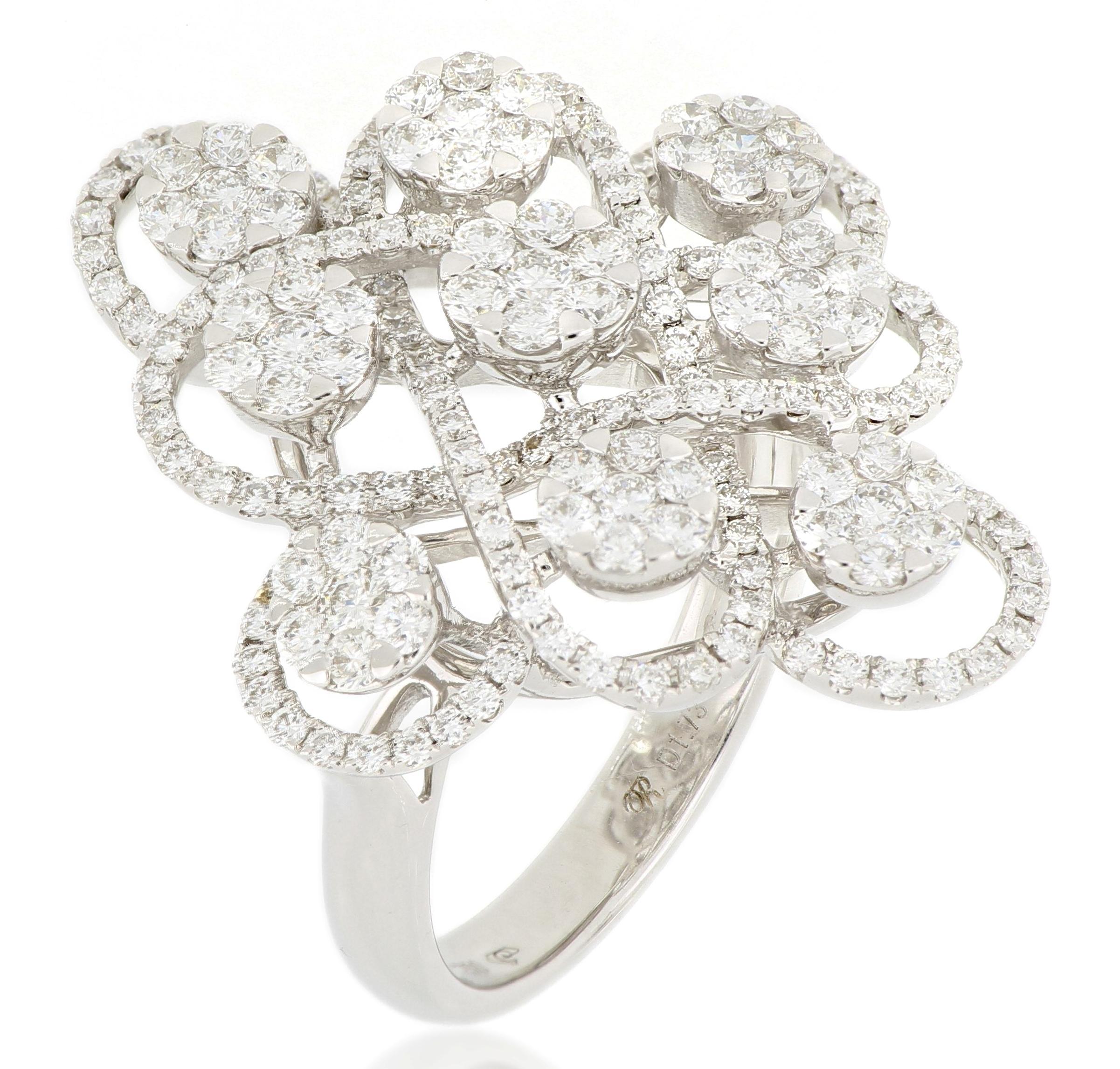 A diamond ring, nicely designed In symmetry, decorated by brilliant-cut diamonds weighing 1.73 carats in total, mounted in 18 Karat white gold.
A beautiful ring which can be worn for any occasion.
The brand is renowned for its high jewellery