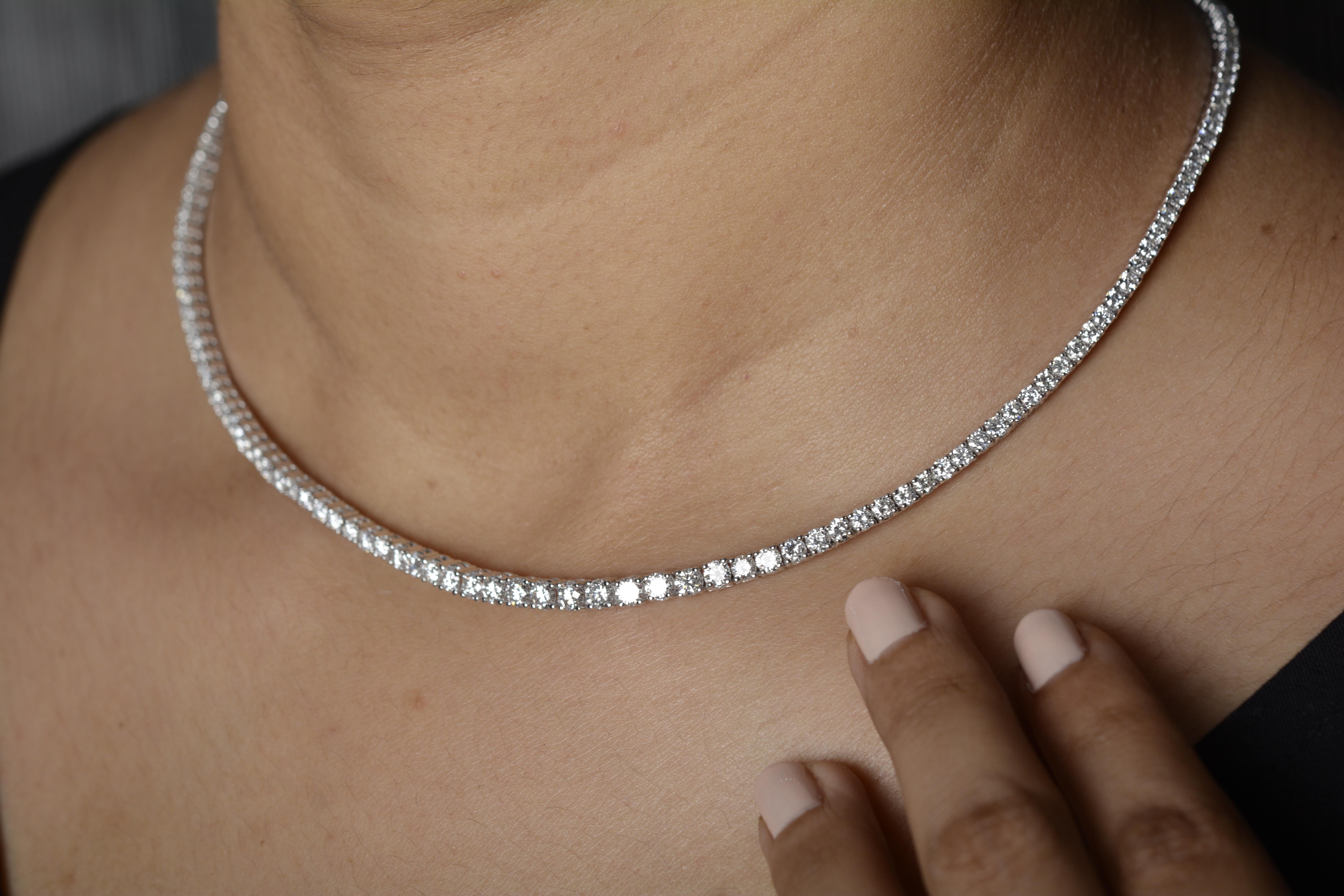 18 Karat White Gold Diamond Riviera Necklace 

Simple and elegant single line diamond riviera necklace set in 18 karat white gold studded with vvs purity diamonds perfect for day and evening wear. This necklace represents an ever green design which