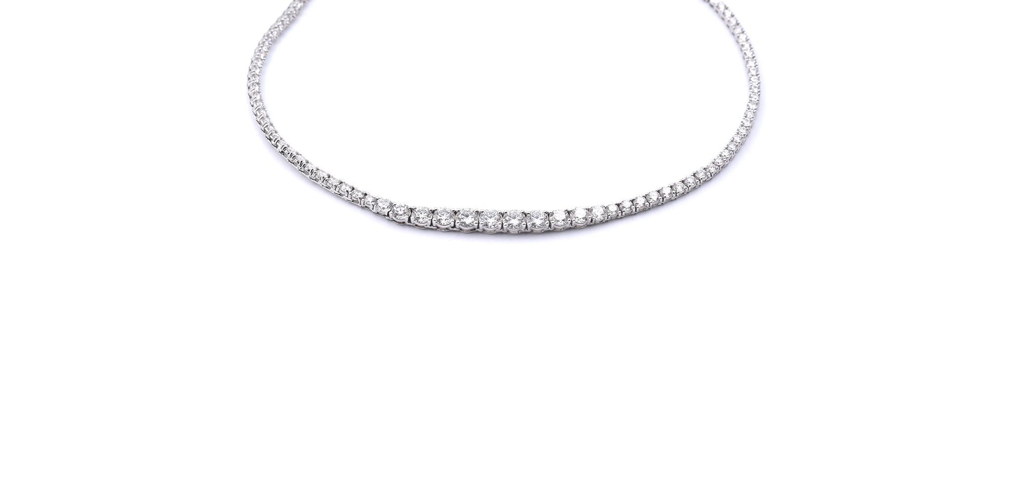 Designer: custom
Material: 18k white gold
Diamonds: 69 round brilliant cuts = 8.05cttw
Color: G
Clarity: VS2
Dimensions: necklace 16.5 inches in length
Weight: 18.10 grams
