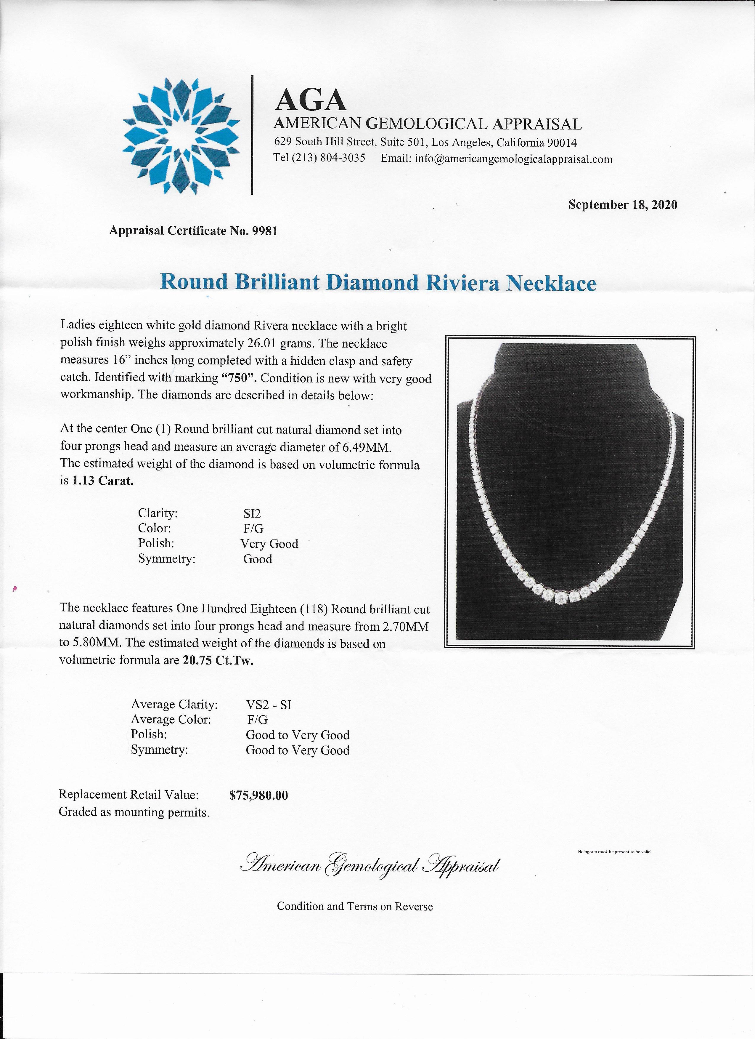 18 Karat White Gold Diamond Riviera Tennis Necklace 21.88 Carat 3