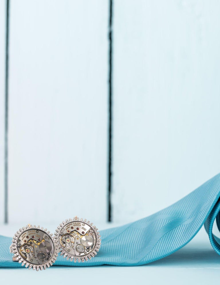Manschettenknöpfe aus 18 Karat Weißgold mit Diamanten und Uhrwerk von Rolex  im Angebot bei 1stDibs
