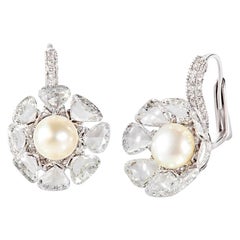18 Karat White Gold Diamond, Rose Cut and Pearl Ear Clips