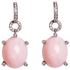 18 Karat White Gold Diamond Rose Opal Dangle Earrings