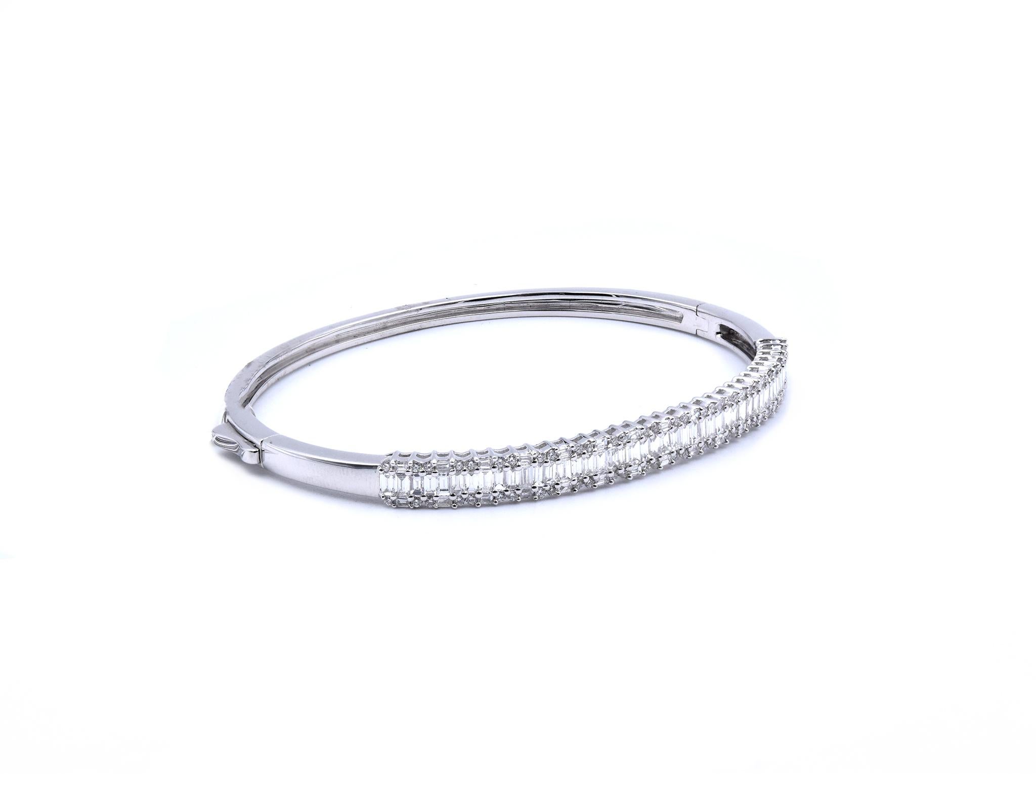 Material: 18K white gold
Diamonds: 135 round and baguette cut = 2.60cttw
Color: G
Clarity: VS1
Dimensions: bracelet will fit up to a 6.5-inch wrist
Weight: 12.91 grams
