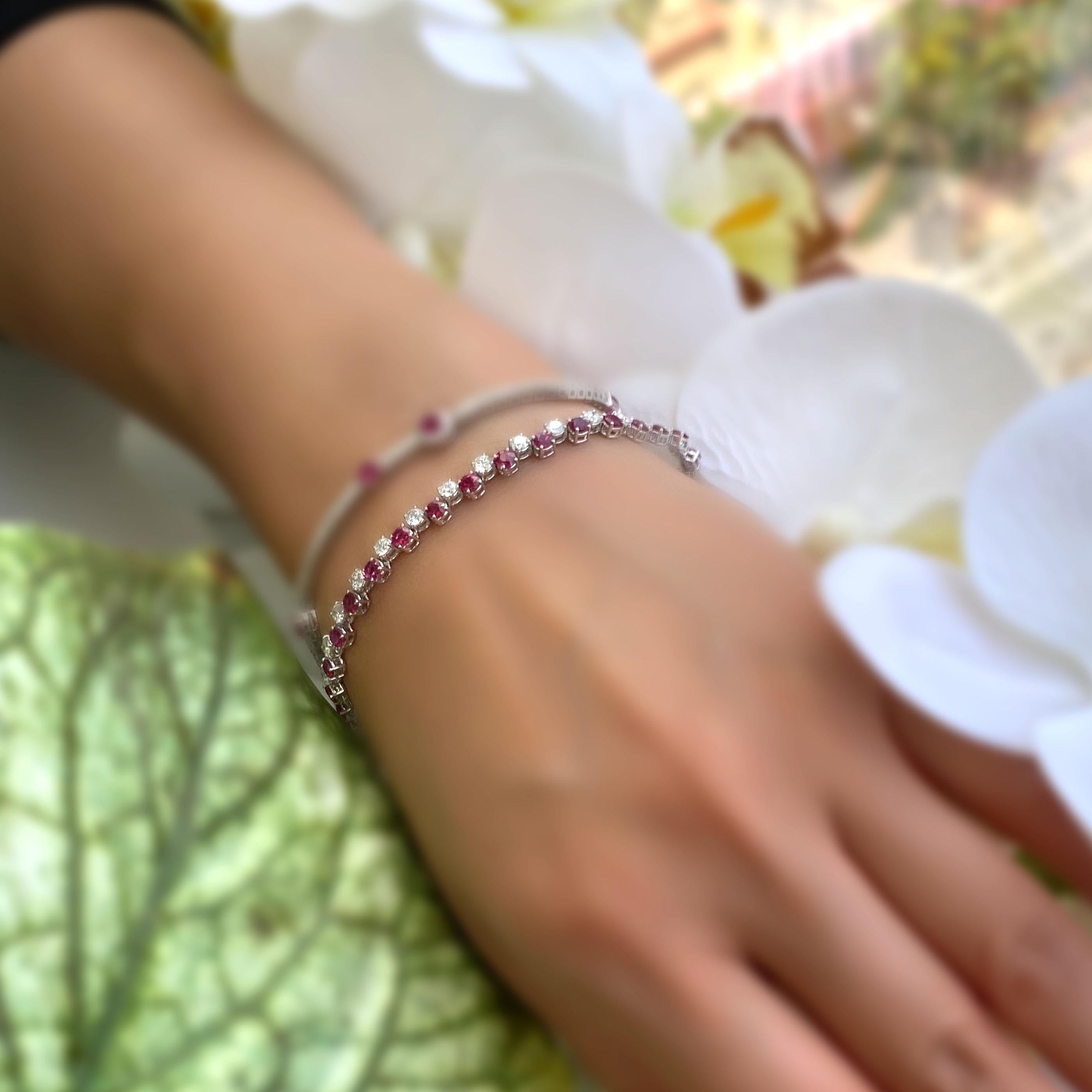 Women's or Men's 18 Karat White Gold Diamond Ruby Abstract Line Bracelet