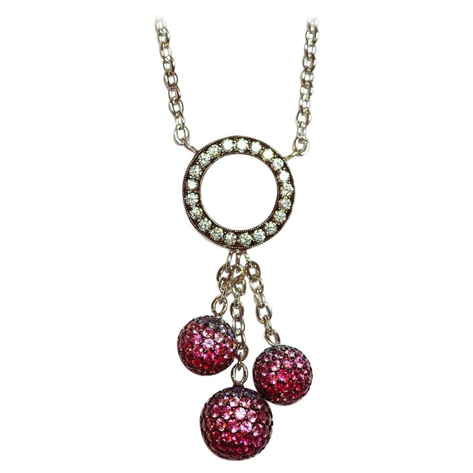 18 Karat White Gold Diamond Ruby and Pink Sapphire Ball Necklace For Sale